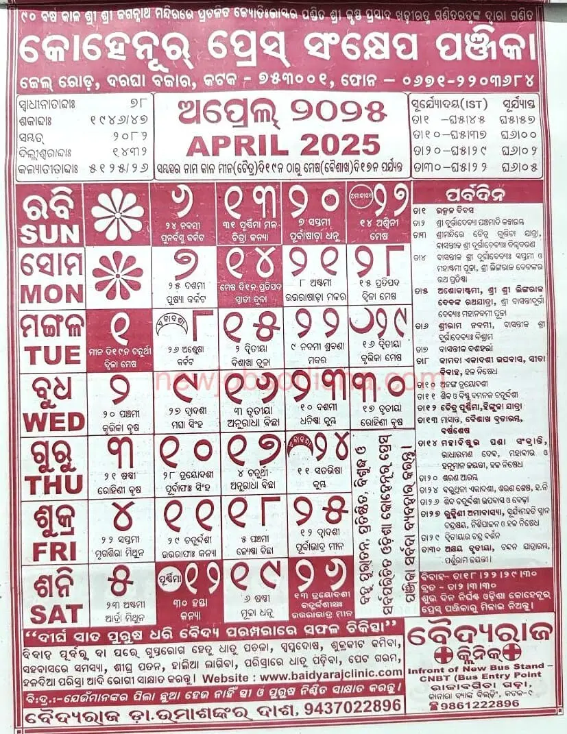 Odia Calendar 2025 April