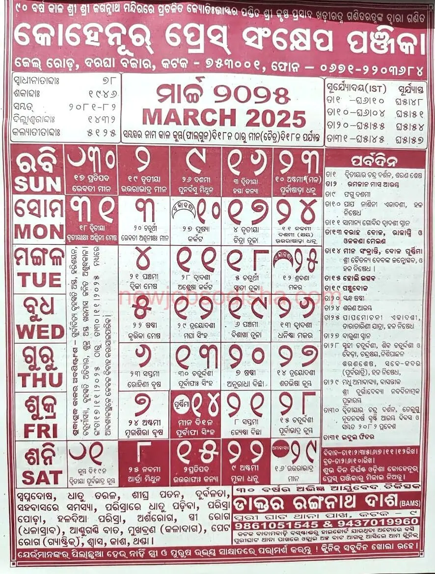 Kohinoor Calendar 2025 March 