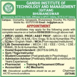GITAM Bhubaneswar Recruitment 2026